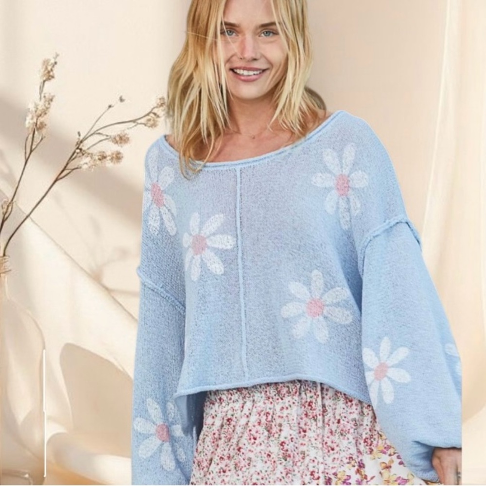 POL The Daisy Drift Sweater | Sky Blue Lightweight Floral Balloon Sleeve Top